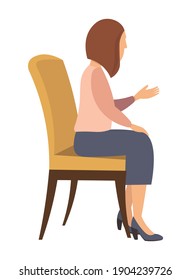 Woman sitting on the chair and pointing on something by hand. Side view. Women at home. Female character sitting on the stool talking to someone making hand gestures isolated on white background