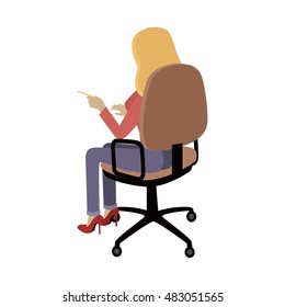 Woman sitting on the chair and pointing on something by finger. Back view. Women at work. Endless work seven days a week. Working moments. Part of series of work at the office. Vector illustration