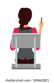 Woman sitting on the chair and pointing on something by pen. Back view. Women at work. Endless work seven days a week. Working moments. Part of series of work at the office. Vector illustration