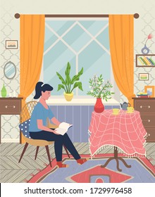 Woman sitting on chair and reading interesting book. Living room with furniture like table and chest. Kettle, cups and vase with flowers on tablecloth. Vector illustration in flat style