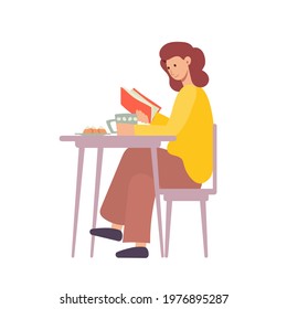 Woman sitting on chair and reading a book next to the table with coffee and cakes. Reading, studying concept. Flat vector illustration