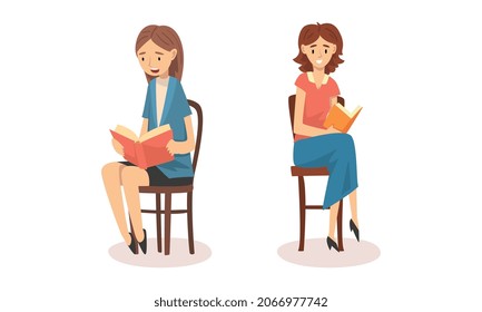 Woman Sitting On Chair And Reading Book Aloud Vector Set