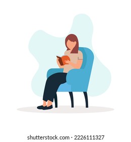 Woman sitting on chair reading a book. The concept of love for books and reading, learning, exam preparation. Vector illustration.