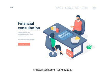 Woman sitting on chair and receiving money management advice from man amidst charts isometric vector illustration. Banner of website page template dedicated to financial consultation