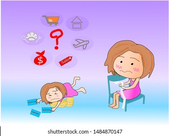 A woman sitting on a chair and  sad face, see various expenses slip. And another woman lying on a pile of coins and credit card. There are various expense icons at the top corner. Concept Vector, debt
