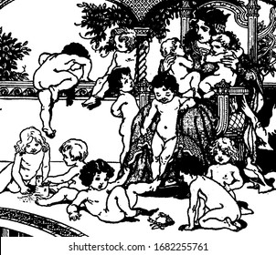A woman sitting on chair and small children playing around chair, She holding two babies in hands, two babies playing with crab, vintage line drawing or engraving illustration