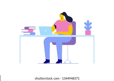 Woman sitting on chair at table in front of computer laptop monitor. Office desk table and workplace. Cartoon style, flat vector illustration isolated on white background.