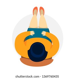 Woman sitting on the chair top view. Female character sit and relax indoors. Isolated vector illustration in cartoon style
