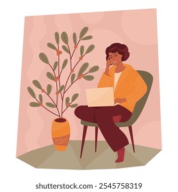 A woman is sitting on a chair, typing on a laptop and speaking over the smartphone. Vector color  illustration in flat style.	
