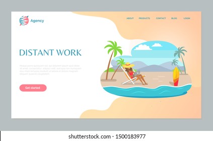 Woman sitting on chair using laptop, girl on beach with wireless device, distant work webpage decorated by mountain landscape, palm trees, bus vector. Website template, landing page flat style