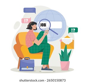 Woman sitting on chair using smartphone for job search, globe and search bar in background, surrounded by icons, on white background. Concept of employment search. Vector illustration