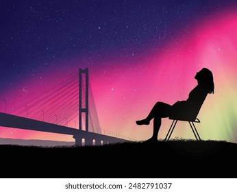 Woman sitting on chair. Vacation outside city. Bridge under starry sky