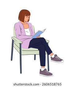 Woman sitting on a chair while reading a book, in minimalist line art style with clean outlines, isolated on white background. Concept of relaxation. Vector illustration
