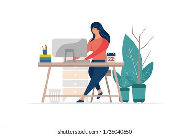 Woman sitting on the chair working on the computer. freelancer home workplace. vector flat illustration. 