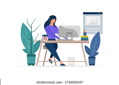 Woman sitting on the chair working on the computer. freelancer home workplace. vector flat illustration. 