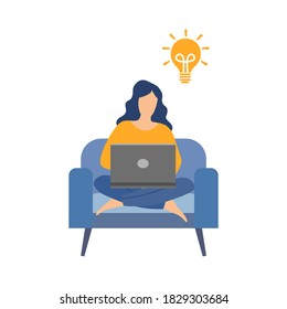 Woman sitting on the chair and working with laptop. Work from home on white background. Remote working to avoid Covid19 outbreak. Freelancer working at home studio and get new idea for business.