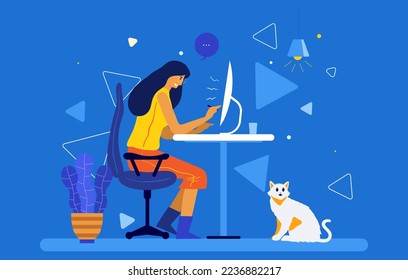 Mujer sentada en la silla y trabajando en el ordenador. Hogar independiente. Ilustración plana. Vector. Trabajo desde casa