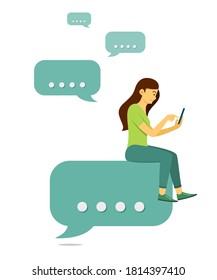 Woman is Sitting on Chatting Bubble Icon and Chatting on Mobile Phone.