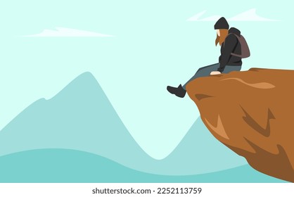 a woman sitting cliff  mountains  nature  clouds background  the concept hiking  camping  hobbies  etc  landscape vector illustration in flat style 