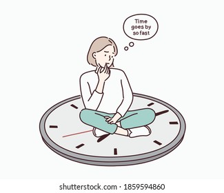 Woman sitting on on a clock. Hand drawn style vector design illustrations.