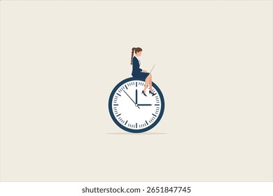 Mujer sentada en un reloj mientras trabaja en la computadora portátil. Concepto de gestión del tiempo, productividad y trabajo remoto. Ilustración vectorial plana.