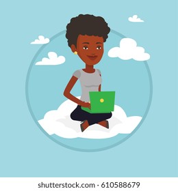 Woman sitting on a cloud with laptop. Woman using cloud computing technology. Woman working on computer. Cloud computing concept. Vector flat design illustration in the circle isolated on background.