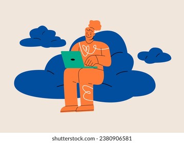 Woman sitting on cloud working on laptop. Colorful vector illustration
