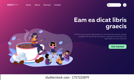 Woman sitting on coffee cup and playing guitar to children. Happy family morning flat vector illustration. Coffee break concept for banner, website design or landing web page