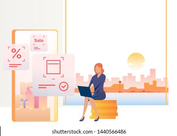 Woman sitting on coins stack and shopping on laptop. Internet, buying, marketing concept. Vector illustration can be used for topics like business, sale, online shopping