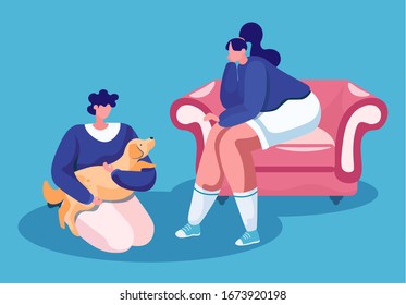 Woman sitting on cosy sofa and man with cute dog in hands on floor isolated happy pet owners. People and animal in flat cartoon style. Vector illustration animal adorable puppy, family together