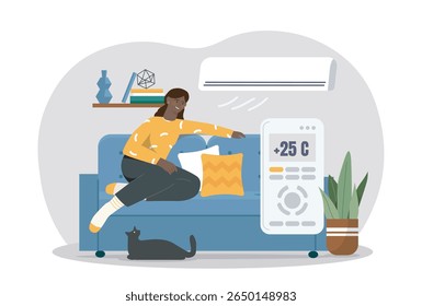 Mulher sentada em um sofá ajustando a temperatura do ar-condicionado com controle remoto, estilo plano moderno, fundo de casa interior. Conceito de conforto doméstico. Ilustração vetorial