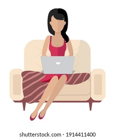 Woman sitting on the couch. Beautiful girl is chatting with the laptop in her hands. Female character is resting and spending time at home. Freelance person working with a computer vector illustration