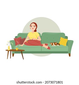A woman is sitting on the couch with a book in her hands. Her dog is sleeping next to her. Vector illustration in cartoon flat style.