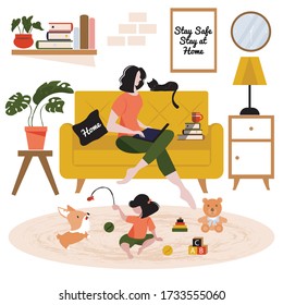 Woman sitting on the couch with cat, daughter playing with cute corgi on the floor, indoor in living room. Young mother working from house. Multitasking busy single Mom. Concept of stay safe at home