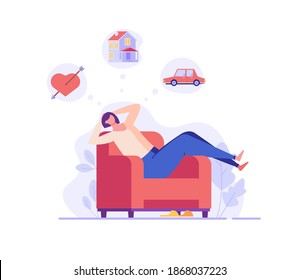 Woman sitting on the couch and dreaming about love, house, car. Concept of relaxation, rest, home comfort, dream visualization, weekend, dreaming, makes wishes. Vector illustration in flat design