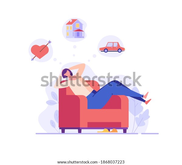 Woman sitting on the couch and dreaming about\
love, house, car. Concept of relaxation, rest, home comfort, dream\
visualization, weekend, dreaming, makes wishes. Vector illustration\
in flat design