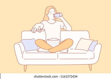 A Woman Is Sitting On The Couch And Drinking A Drink While Watching TV. Hand Drawn Style Vector Design Illustrations.