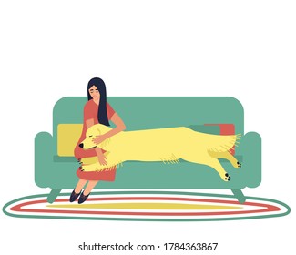  The woman is sitting on the couch hugging a dog. Dog handler hugs his golden Labrador dog. A strong friendship between a man and a dog. Flat vector illustration.
