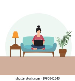 A woman is sitting on the couch with a laptop. The concept of freelancing, working from home, online learning. Flat vector illustration.