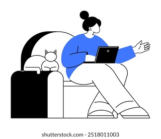 Mulher sentada no sofá com laptop, gestando com a mão, gato descansando perto. Ideal para trabalhar em casa, trabalho remoto, relaxamento, companhia de animais, comunicação digital. Estilo de vetor simples.