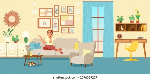 A woman is sitting on the couch in the living room, talking on the phone. Man and his house. Cozy living room interior. Workplace and rest area, large panoramic window. Vector illustration.