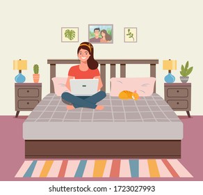 Woman sitting on the couch with notebook. Interior space bedroom. Vector flat illustration
