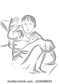 The woman is sitting on the couch, pulled her legs up and put her hand forward, an illustration on the topic of protest