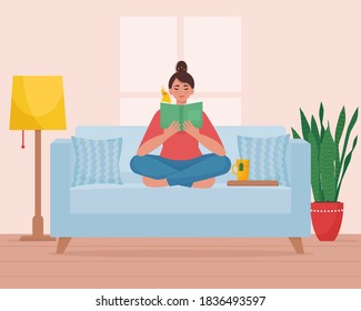 Woman sitting on the couch and reading a book. Vector illustration in flat style
