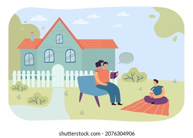 Woman sitting on couch and reading book aloud to guy on blanket with drink. Family spending time outdoors flat vector illustration. Leisure time concept for banner, website design or landing web page