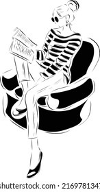 Woman sitting on the couch and reading line art