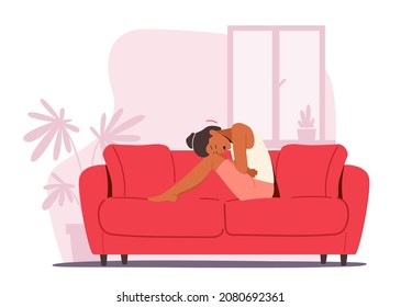 Woman Sitting On Couch Touch Belly, Appendicitis, Health Problem, Stomach Disease Symptoms. Female Character Feeling Strong Abdominal Pain. Unhealthy Body Sickness. Cartoon People Vector Illustration