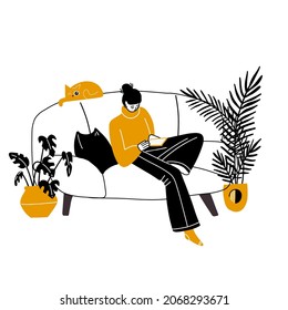 Woman sitting on couch and using smartphone isolated on white. Doodle black and yellow female character relaxing at on sofa holding mobile phone. Casual girl with cat. Hand drawn vector illustration.