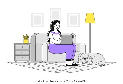 A woman sitting on a couch using a laptop, with a dog lying nearby, a lamp, and furniture around. Minimalist style on a white background. Home office concept. Vector illustration