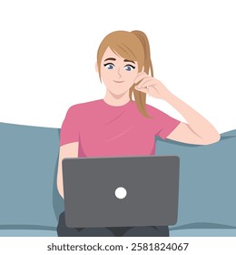 Woman Sitting on Couch Using Laptop in Casual Setting. Flat vector Character Illustration